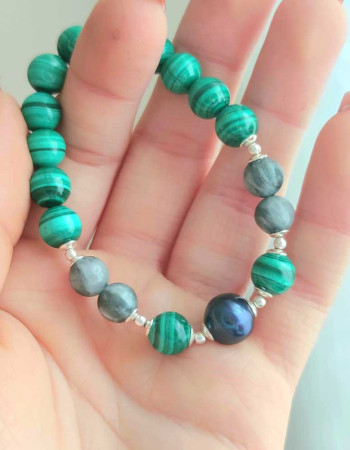 Multi Stone Bracelet , 8mm Malachite and Cat's Eye stone bracelet