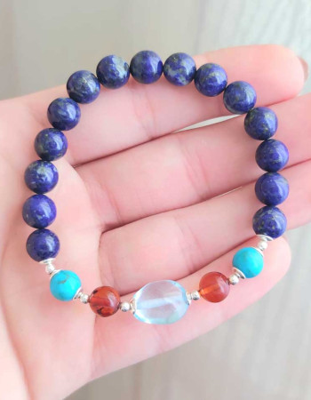 Multi Stone Bracelet , 8mm Lapis Lazuli , Turquoise , Amber & Blue Topaz Bracelet