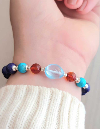 Multi Stone Bracelet , 8mm Lapis Lazuli , Turquoise , Amber & Blue Topaz Bracelet