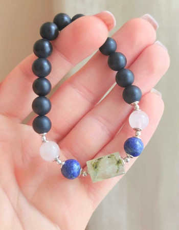 Multi Stone Bracelet , 8mm Black Onyx , Lapis Lazuli , Rose Quartz & Prehnite Stone Bracelet