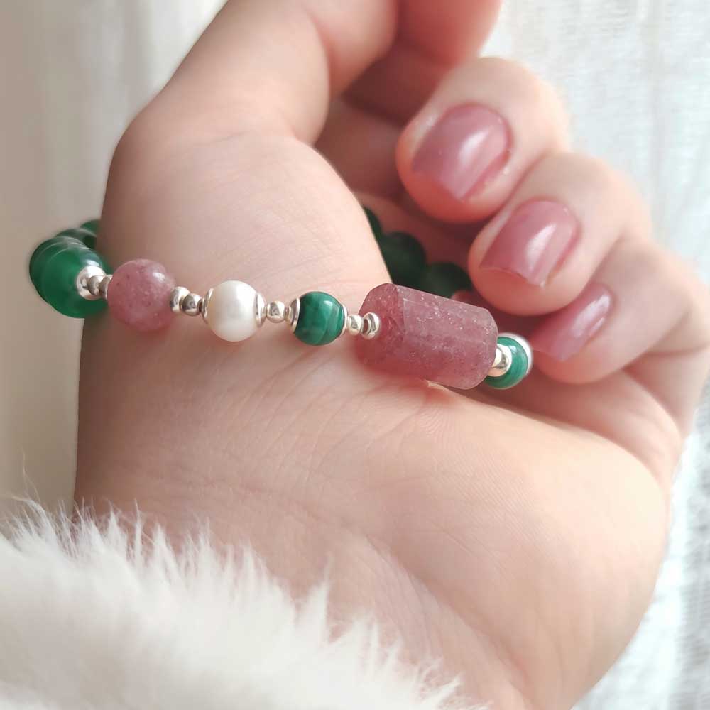Multi Stone Bracelet , 8mm Green Agate , Malachite , Pearl  & Strawberry Quartz Bracelet