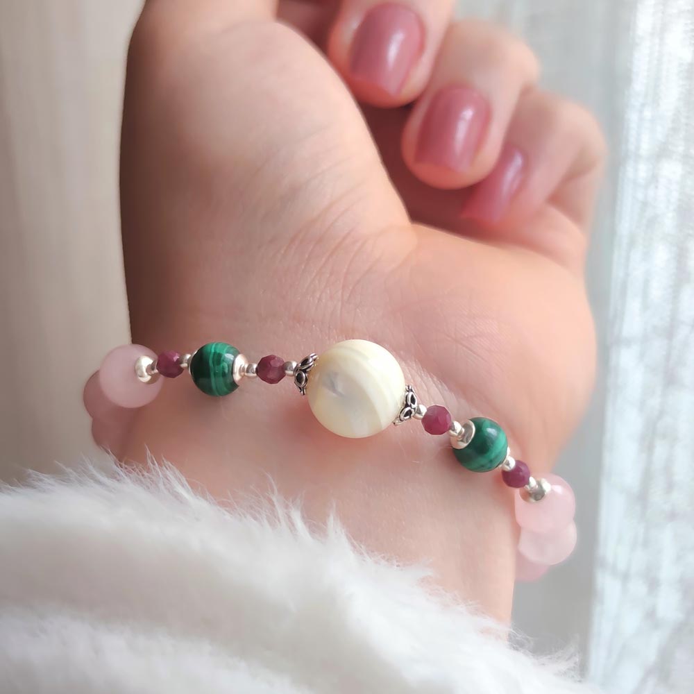 Multi Stone Bracelet , 8mm Rose Quartz , Malachite ,  Pink Tourmaline & Mother of pearl Stones Bracelet