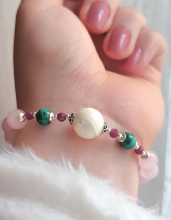 Multi Stone Bracelet , 8mm Rose Quartz , Malachite ,  Pink Tourmaline & Mother of pearl Stones Bracelet