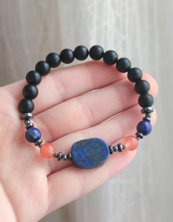 Multi Stone Bracelet , 8mm Black Onyx , Lapis Lazuli & Agate Bracelet