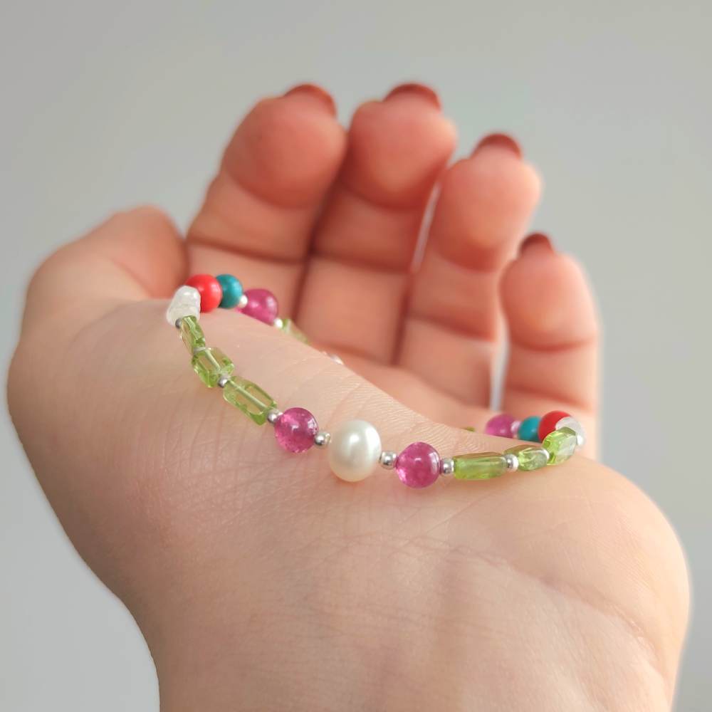 Multi Stone Bracelet ,  Natural Peridot Stone , Red Ruby ,  Turquoise , Red Coral , Moonstone & Pearl Bracelet