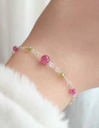 Multi Stone Bracelet , 925 Sterilng Silver Natural Peridot Stone & Red Ruby Stones Bracelet  - No: BR0300