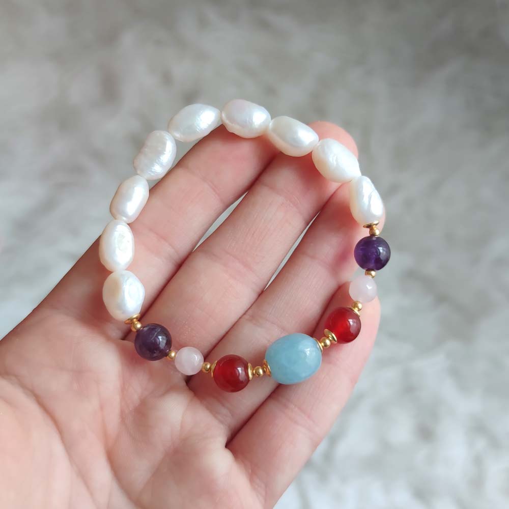 Multi Stone Bracelet , White Pearl , Amethyst , Moonstone , Rose Quartz , Red Agate & Aquamarine Stones Bracelet   