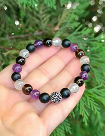 8mm Siyah Oniks , Rutil Kuvars , Dumanlı Kuvars ve Ametist Taşlı Bileklik