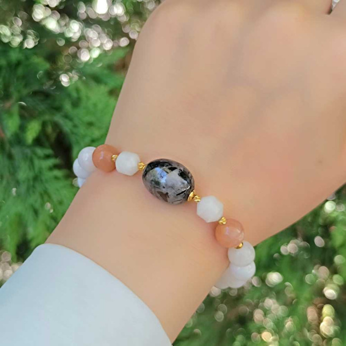 Multi Stone Bracelet , 8mm Moonstone , Rutilated Quartz & Sunstone Bracelet