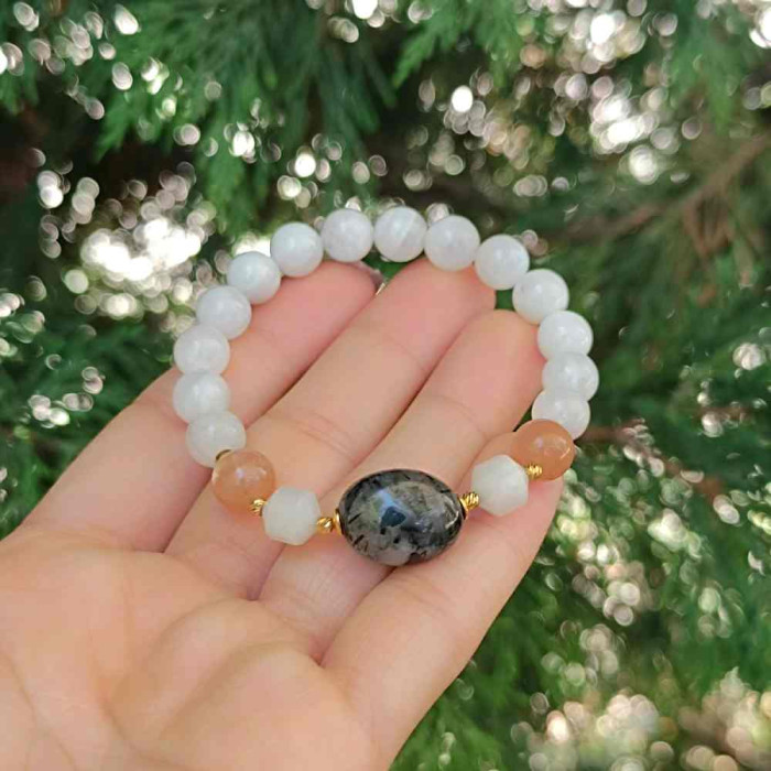 Multi Stone Bracelet , 8mm Moonstone , Rutilated Quartz & Sunstone Bracelet