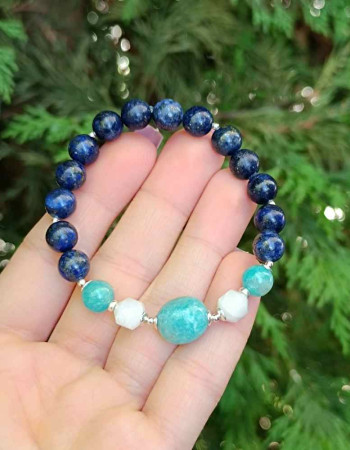 Multi Stone Bracelet , 8mm Lapis Lazuli , Amazonite & Moonstone Bracelet