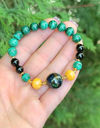 Multi Stone Bracelet , 8mm Malachite , Amber & Azurite Malachite Stone bracelet