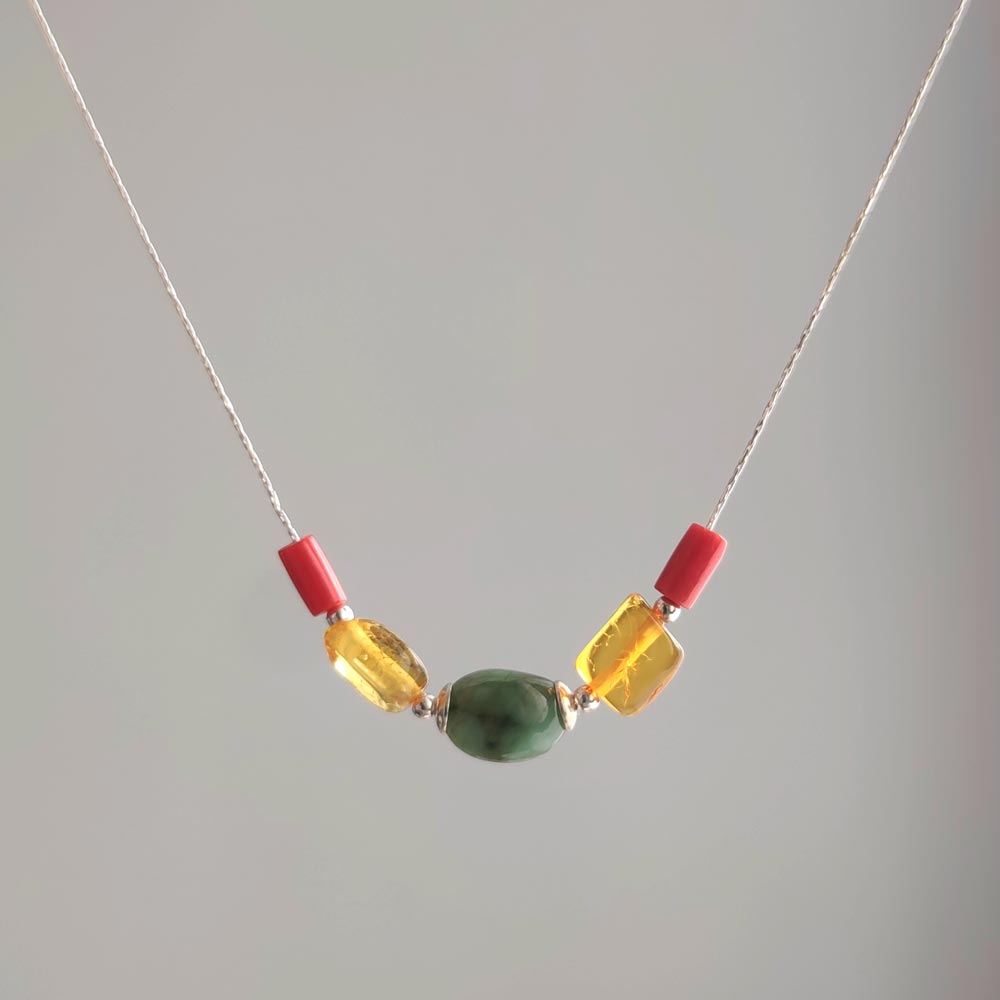 Multi Stone Pendant , 925 Silver Natural Emerald , Amber & Original Red Coral Stone Pendant