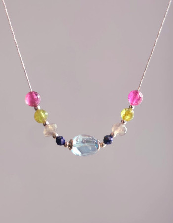 925 Gümüş Doğal Yakut , Peridot , labradorit , Lapis Lazuli & Topaz Taşlı Kolye
