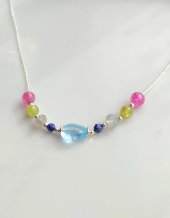 925 Gümüş Doğal Yakut , Peridot , labradorit , Lapis Lazuli & Topaz Taşlı Kolye