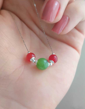 925 Sterling Silver Green Jade & Red Agate Stones Pendant - Couple Stone