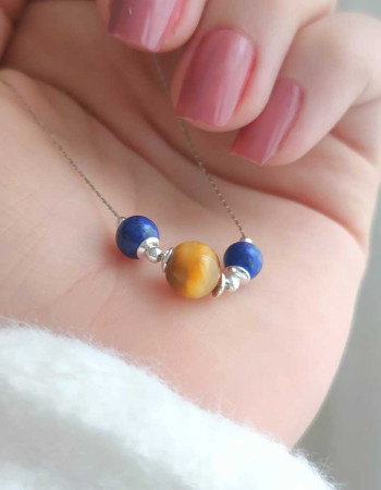925 Silver Natural Tiger Eye & Lapis Lazuli Pendant - Couple Stone