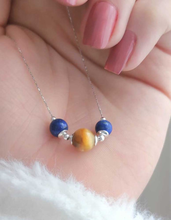 925 Silver Natural Tiger Eye & Lapis Lazuli Pendant - Couple Stone