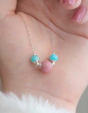 925 Sterling Silver Rhodonite & Amazonite Stones Pendant - Couple Stone