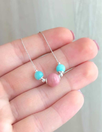 925 Sterling Silver Rhodonite & Amazonite Stones Pendant - Couple Stone