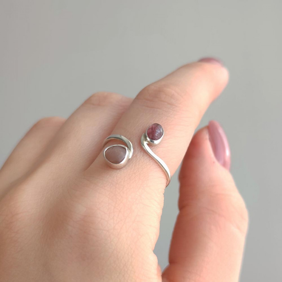 925 Silver Pink Tourmaline & Sun Stone Ring