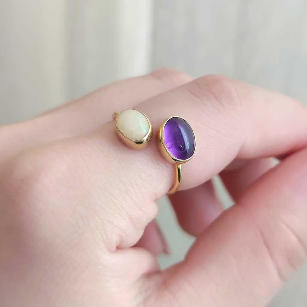 Multi Stone Ring , 925 Silver Natural Amethyst Stone & Opal Stone Ring