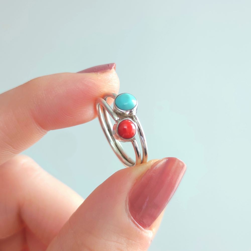 Multi Stone Ring , 925 Silver Natural Turquoise Stone & Coral Stone Ring
