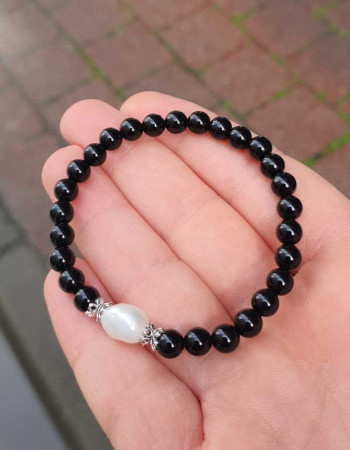 Natural Gemstone + Pearl Bracelet , 6mm Natural Black Onyx & Pearl Bracelet - No : BR0100