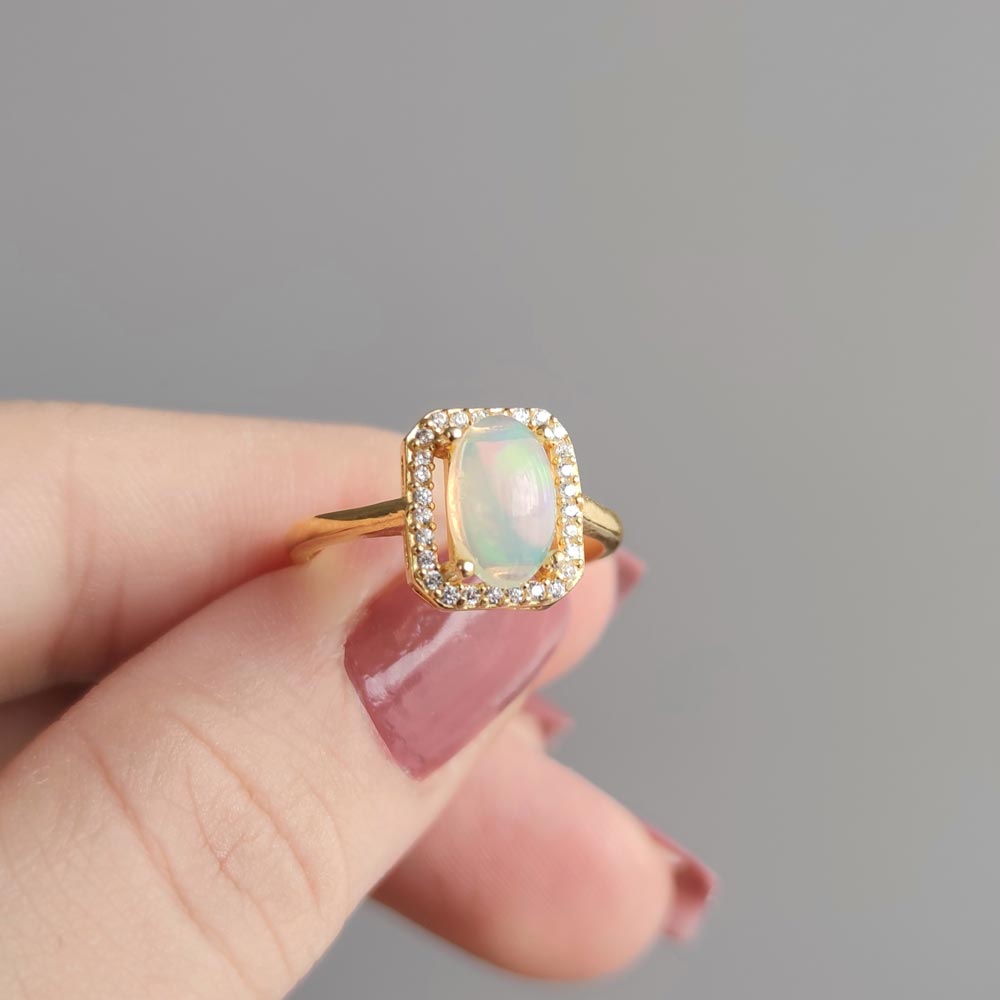 925 Silver Rare Fire Opal Stone Ring - Zircon Around
