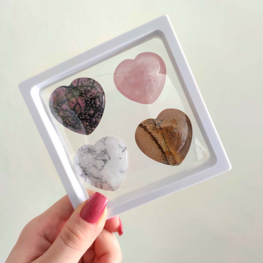 Heart Stone Collection 2 - Contains 4 Different Hearts , Rose Quartz - Japer - Howlite - Rhodonite