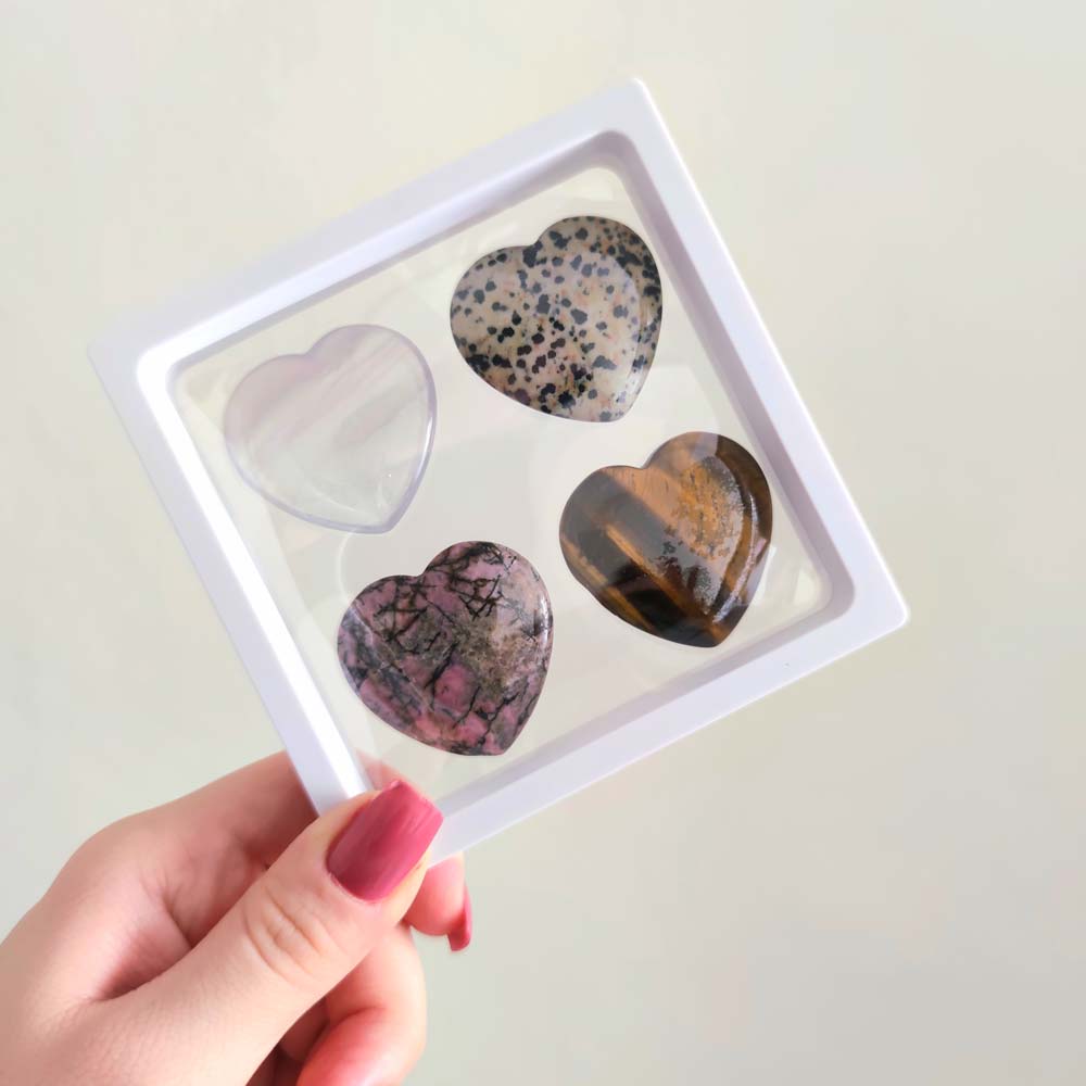 Heart Stone Collection 3 - Contains 4 Different Hearts , Fluorite - Dalmation Japer - Tiger eye - Rhodonite