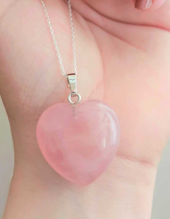 925 Ayar Gümüş Pembe kuvars Kolye - Kalp Şekilde