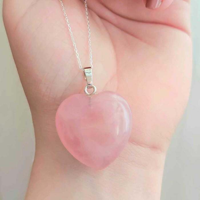 925 Silver Natural Rose Quartz Stone Pendant - Heart of love