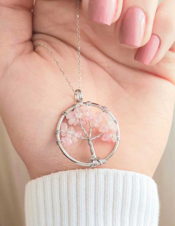 Tel Sarmalı Pembe kuvars Hayat Ağacı Doğal Taş Kolye