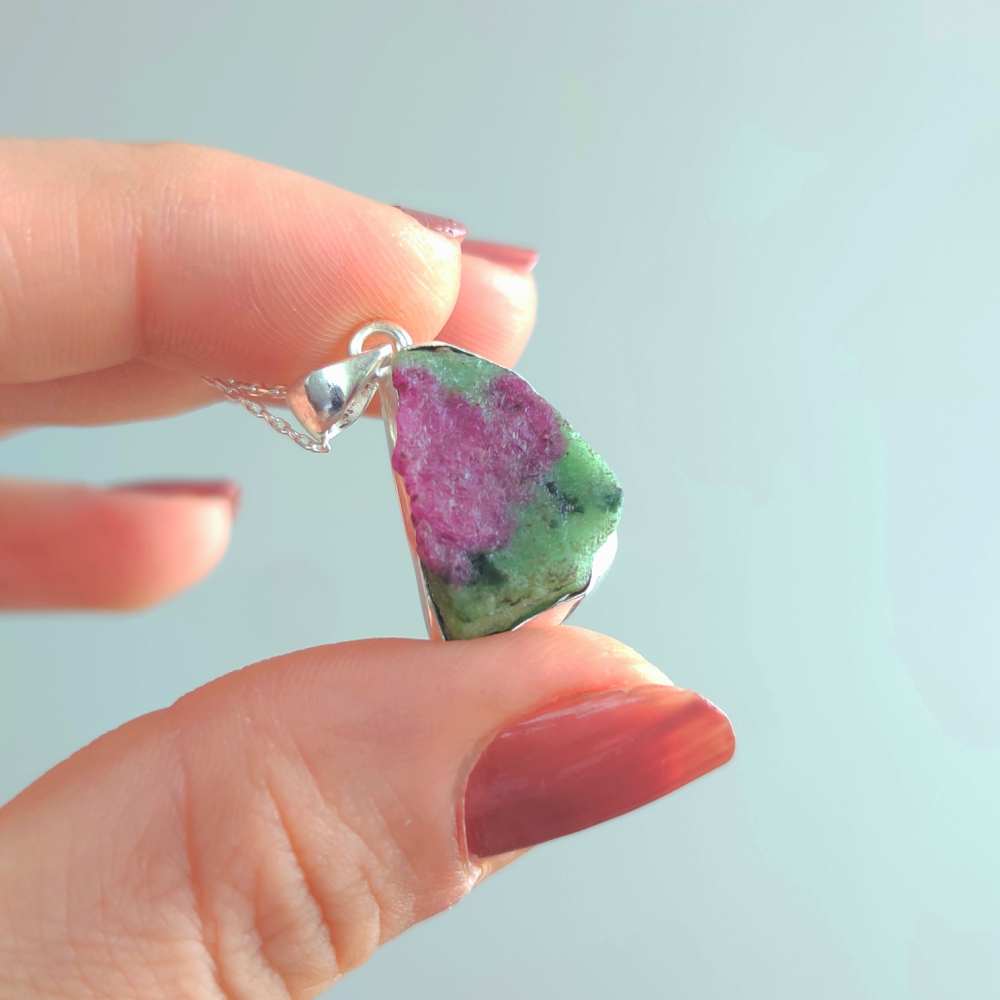 925 Silver Natural Ruby Zoisite Stone Pendant - Raw Shape