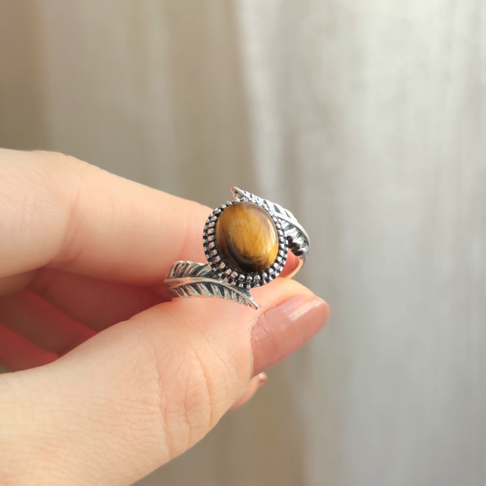 925 Silver Natural Tiger Eye Stone Ring  - Angel Wings Design