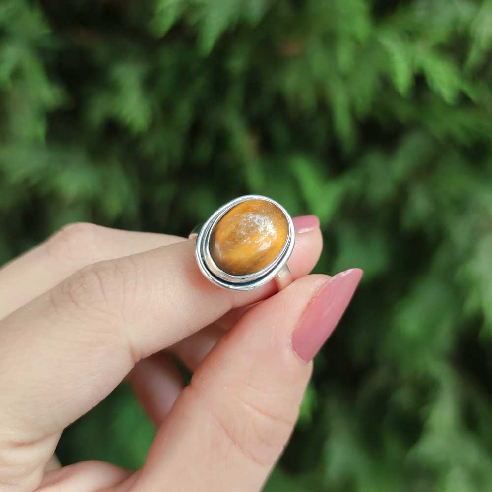 925 Silver Natural Tiger Eye Stone Ring - Oval Shape
