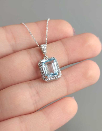 925 Ayar Gümüs Mavi Topaz Taşi Kolye