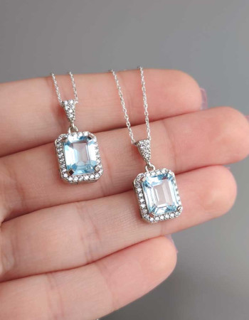 925 Ayar Gümüs Mavi Topaz Taşi Kolye